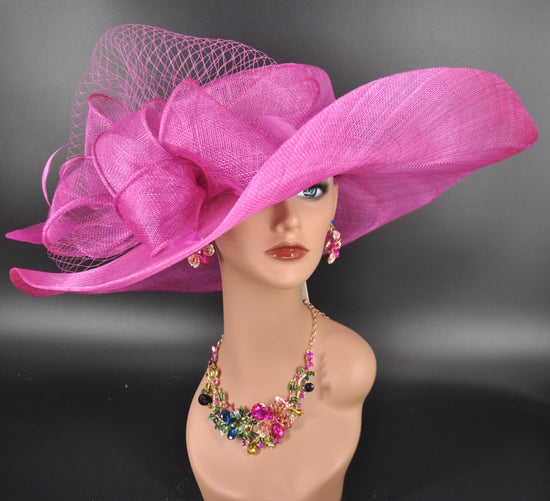 Fuchsia Pink Sinamay Kentucky Derby Hat: Wide Brim Occasion Hat