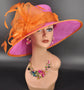 Fuchsia Pink Orange Bow Wide Brim Kentucky Derby Hat,Ascot Hat for Wedding & Tea Party, Garden Party Hat, Mother of the Bride, Church