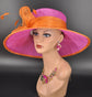 Fuchsia Pink Orange Bow Wide Brim Kentucky Derby Hat,Ascot Hat for Wedding & Tea Party, Garden Party Hat, Mother of the Bride, Church