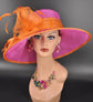 Fuchsia Pink W Orange Wide Brim Sinamay Hat, Kentucky Derby Hat, Church hat, Tea Party Hat, Custom hat, Formal Hat, Fashion Hat