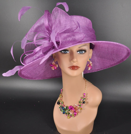 Purple Sinamay Derby Hat: Wide Brim Feathered Tea Party Hat