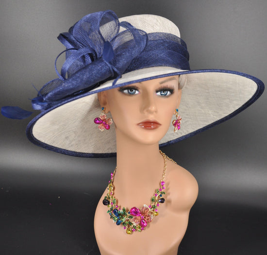 White Sinamay Kentucky Derby Hat: Navy Blue Wide Brim Formal Hat
