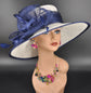 White Sinamay Kentucky Derby Hat: Navy Blue Wide Brim Formal Hat