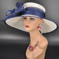 White Sinamay Kentucky Derby Hat: Navy Blue Wide Brim Formal Hat
