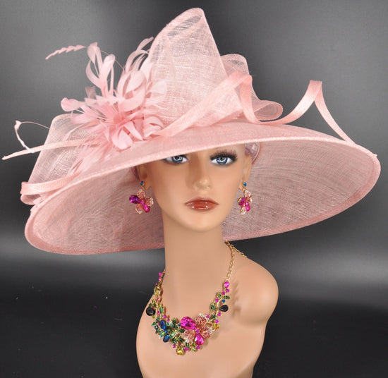 Blush Pink Sinamay Kentucky Derby Hat: Feather Flower Tea Party Wedding