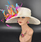 Wide Brim Sinamay Hat Church Kentucky Derby Hat Carriage Tea Party Wedding Hat Feather Flower Off White w Fuchsia Orange Teal Blue Turquoise