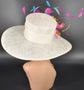 Wide Brim Sinamay Hat Church Kentucky Derby Hat Carriage Tea Party Wedding Hat Feather Flower Off White w Fuchsia Orange Teal Blue Turquoise