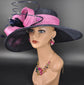 Sinamay Derby Hat: Navy Blue Wide Brim with Hot Pink Rhinestones