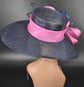 Sinamay Derby Hat: Navy Blue Wide Brim with Hot Pink Rhinestones