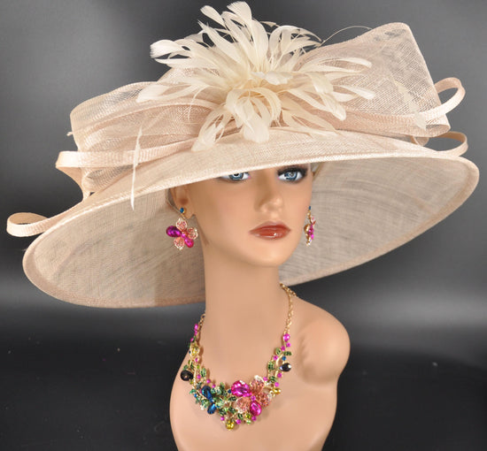 Champagne Kentucky Derby Hat: Sinamay Feather Flower Tea Party Hat