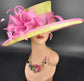 Lime Green Sinamay Kentucky Derby Hat: Hot Pink Brim, Feather Flower