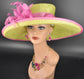Lime Green Sinamay Kentucky Derby Hat: Hot Pink Brim, Feather Flower