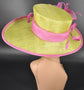 Lime Green Sinamay Kentucky Derby Hat: Hot Pink Brim, Feather Flower