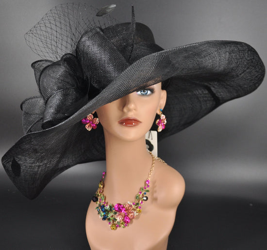 Black Wide Brim Sinamay Derby Hat: Oaks, Church, Wedding