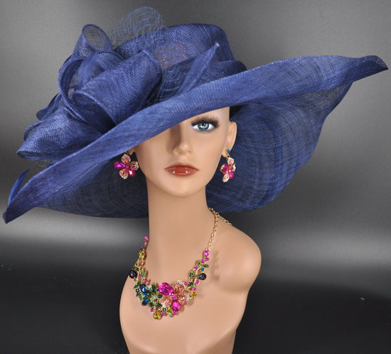 Navy Blue Sinamay Kentucky Derby Hat: Wide Brim Occasion Hat