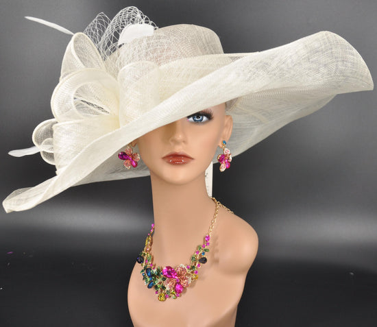 Oaks day hat Kentucky Derby Hat,Church Hat,Wedding Hat, Easter Hat, Tea Party Hat Wide Brim Sinamay Hat Carriage Hat Ivory( off white)