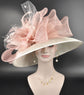 Ivory Sinamay Kentucky Derby Hat: Blush Pink Feather Flowers & Bows