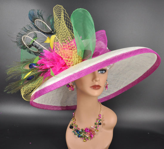 Wide Brim Sinamay Derby Hat: Feather Flower, Big Bows