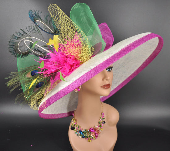 Wide Brim Sinamay Derby Hat: Feather Flower, Big Bows