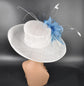 Sinamay Kentucky Derby Hat: White Wide Brim Feathered Ascot Hat