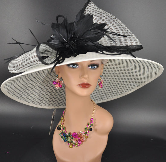 White Sinamay Derby Hat: Black Feather Ascot Race Day Hat