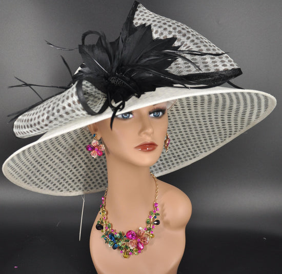 White Sinamay Derby Hat: Black Feather Ascot Race Day Hat