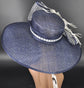 Navy Blue Sinamay Derby Hat: Feather Flower Ascot Hat