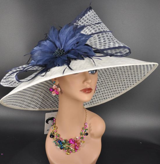 White Sinamay Derby Hat: Navy Blue Feather Flower