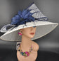 White Sinamay Kentucky Derby Hat: Navy Blue Feather Flower