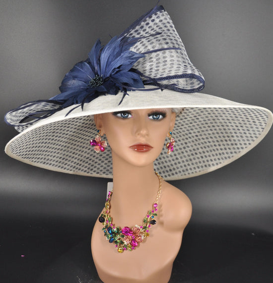 White Sinamay Kentucky Derby Hat: Navy Blue Feather Flower