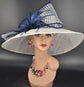 White Sinamay Kentucky Derby Hat: Navy Blue Feather Flower
