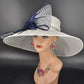 White Sinamay Kentucky Derby Hat: Navy Blue Feather Flower