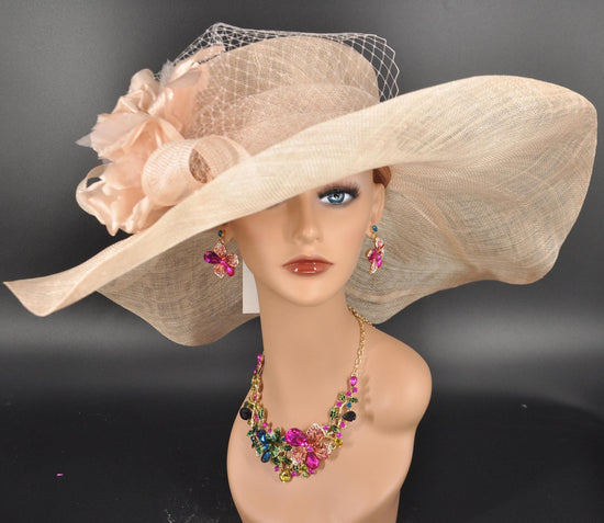Peach Sinamay Kentucky Derby Hat: Feather Flower Wedding Church Hat