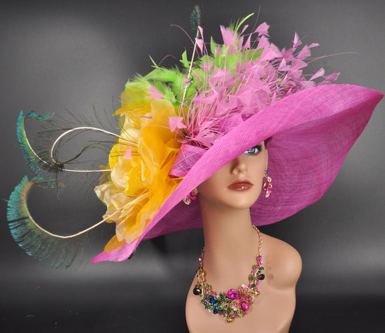 Fuchsia Pink Wide-Brim Sinamay Hat:  Derby Feather Floral