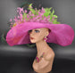 Fuchsia Pink Wide-Brim Sinamay Hat: Kentucky Derby Feather Floral