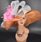Orange Wide-Brim Hat with Lily Pink Feather Flower,Powder Blue Bows Elegant Statement Design Perfect for Kentucky Derby Party  Formal Events