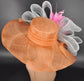 Orange Wide-Brim Hat with Lily Pink Feather Flower,Powder Blue Bows Elegant Statement Design Perfect for Kentucky Derby Party  Formal Events