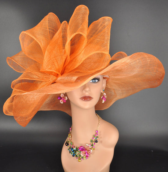 Orange Sinamay Kentucky Derby Hat: Wide Brim Tea Party Wedding
