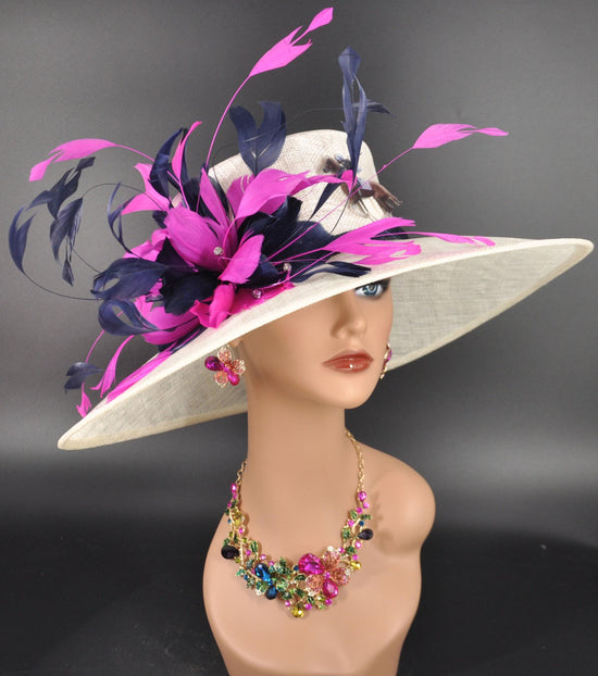DerbySinamay Wide Brim Hat: Fuchsia Pink & Navy Feather Statement
