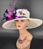 Kentucky Derby Sinamay Wide Brim Hat: Fuchsia Pink & Navy Feather Statement