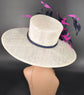 Kentucky Derby Sinamay Wide Brim Hat: Fuchsia Pink & Navy Feather Statement