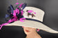Kentucky Derby Sinamay Wide Brim Hat: Fuchsia Pink & Navy Feather Statement