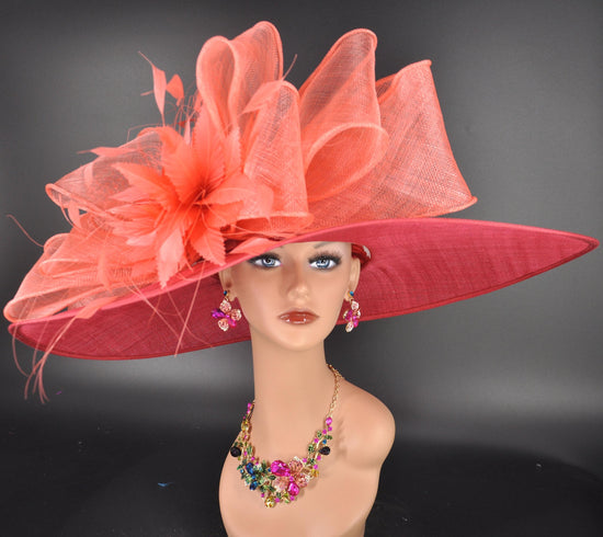 Red Coral Feather  Wide Brim Sinamay Derby Hat, Feather & Bow Statement Hat, Ascot Fascinator for Wedding, Church, Tea Party
