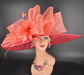 Coral Feather Derby Hat: Wide Brim Sinamay Ascot Hat