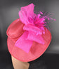 Red & Fuchsia Sinamay Derby Hat: Wide Brim Feather Flower