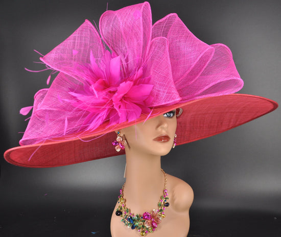 Red  Fuchsia Pink Wide Brim Sinamay Derby Hat, Feather & Bow Statement Hat, Ascot Fascinator for Wedding, Church, Tea Party