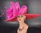 Red & Fuchsia Sinamay Derby Hat: Wide Brim Feather Flower