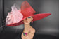 Wide Brim Sinamay Derby Hat: Red, Pink Feather Flower & Netting Bow