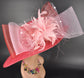 Wide Brim Sinamay Derby Hat: Red, Pink Feather Flower & Netting Bow