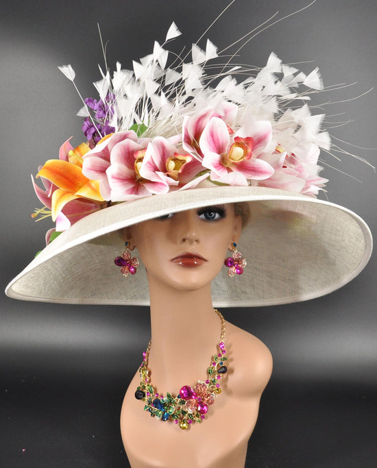 Ivory Sinamay Kentucky Derby Hat: Wide Brim, Lily & Orchid Flowers